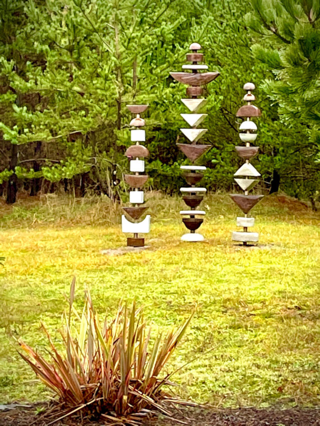 Outdoor Sculpture Totems in Mocha and Natural Finish